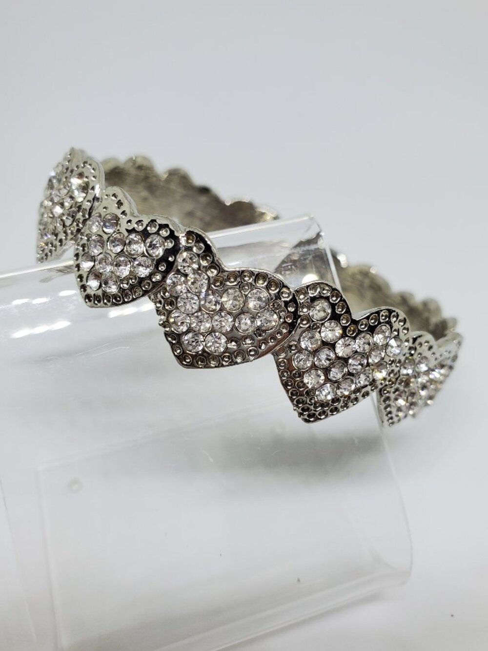 Vintage Retro Row of Rhinestone Accented Heart Metal Bangle Silver Bracelet